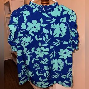 Floral Ruffle Sleeve Blouse in Blue and Teal
